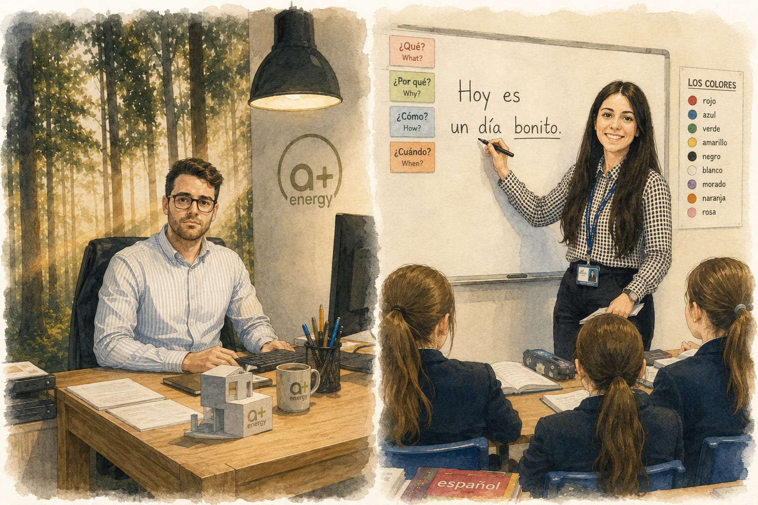 Samuel en su despacho y Andrea enseñando español en Inglaterra